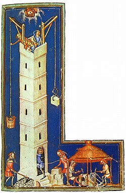 Ilustração de uma torre em espiral ascendendo em direção às nuvens