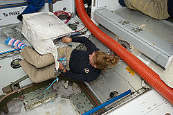 Astronauta Sandra Magnus usando meias com dedos
